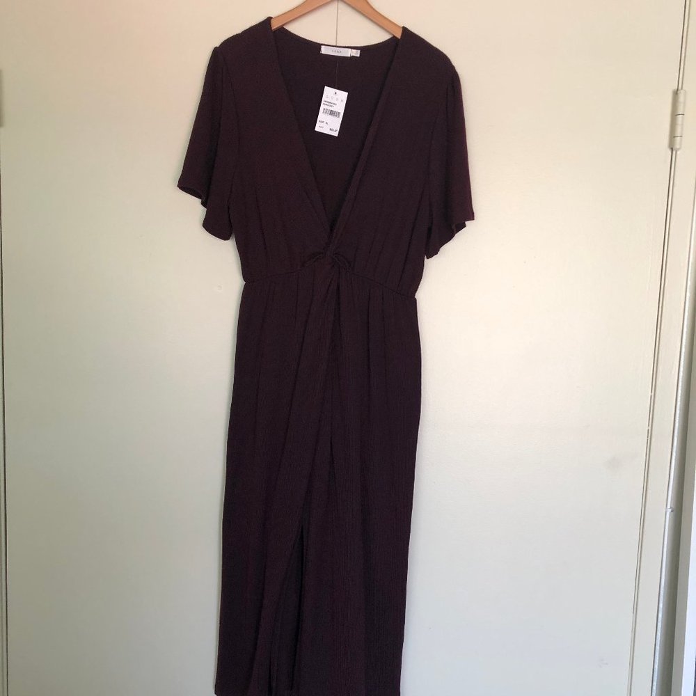LUSH Burgundy Deep V Twist Midi Dress - XL
